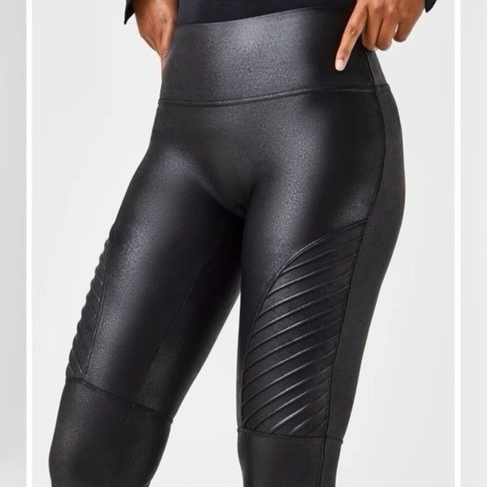 Spanx Faux Black Leather Moto Slimming Leggings L